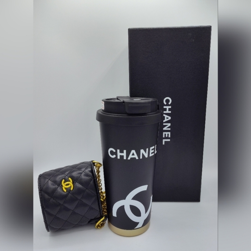 CHANEL Black Gold Travel Mug Quilted Vegan Leather Holder NIB Set GWP